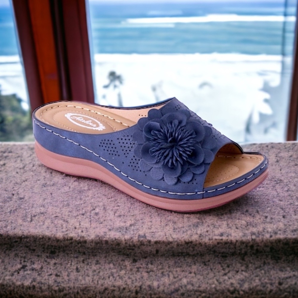 Italina Navy Blue Woven Pom Floral Rosette Padded Slide In Mule Sandal 10 - Picture 5 of 5